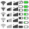 Mobile phone system icons vector set. Wifi signal strength illustration sign collection. battery charge level symbol.