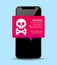 Mobile phone virus alert. Malware smartphone scam phishing security error skull message