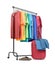 Mobile rack with colorful clothes and a suitcase on white background. File contains a path to isolation