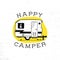 Mobile recreation. Happy Camper trailer in sketch silhouette style. Vintage hand drawn camp rv. House on wheels. Travel