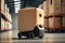 Mobile robot in a warehouse. Automated retail warehouse AGV robot in distribution logistics center.