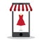 Mobile with shopping online and red dress on white background