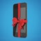 Mobile smartphone with glossy satin ribbon gift isolated on color background