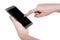 Mobile smartphone hand finger push and white background