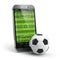 Mobile soccer. Football field on the smartphone screen and ball.