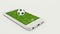 Mobile soccer. Football field on the smartphone screen and ball. Online ticket sales concept.