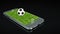 Mobile soccer. Football field on the smartphone screen and ball. Online ticket sales concept.