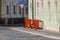 Mobile steel fence. orange street barriers to restrict movement before the concert