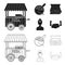 Mobile trailer, cutting board for pizza, boxes, salesman. Pizza and pizzeria set collection icons in black,outline style