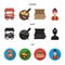 Mobile trailer, cutting board for pizza, boxes, salesman. Pizza and pizzeria set collection icons in cartoon,black,flat