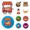 Mobile trailer, cutting board for pizza, boxes, salesman. Pizza and pizzeria set collection icons in cartoon,flat style