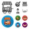 Mobile trailer, cutting board for pizza, boxes, salesman. Pizza and pizzeria set collection icons in monochrome,flat