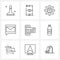 Mobile UI Line Icon Set of 9 Modern Pictograms of basic, mobile, love, message, inbox