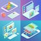 Mobile and web analytics concept vector flat isometric poster set