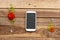 Mobilie phone with colorful flower zinnia of  lifestyle arrangment flat lay syle