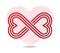 Mobius loop made of three red lines in shape of touching hearts. Pink heart as background