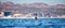 Mobula ray is jumping in the background of the city of Cabo San Lucas. Mexico. Sea of Cortez.