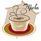 Mocha coffee also called Caffe with wooden saucer on white table. Interior shop. Main ingredients of is chocolate