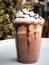 Mocha frappe in plastic cup. Served with whipping cream and chocolate sauce. Freshness drink. Favorite caffeine beverage