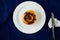 Mochaccino Donut or mocha served in plate Isolated on blue background top view of baked breakfast food