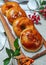 Mochaccino Donuts or mocha topping Isolated wooden tray side view of baked breakfast food