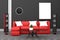 Mock up black wall modern style with red speaker and sofa. 3D rendering