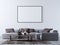 Mock up blank poster on the wall of modern living room with corner sofa