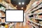 Mock up blank price board poster sign display with supermarket aisle