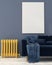 Mock up with blue sofa and yellow radiator