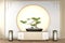 Mock up Bonsai tree on cabinet wooden on wall room zen style and decoraion wooden design, earth tone.3D rendering
