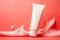 Mock Up, Cosmetic tube cream on coral tone background, generative AI