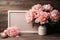 Mock-up, delicate bouquet of peonies in vase, pink frame on wooden table. Flower card generated AI