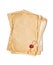 Mock up of empty old vintage yellowed papers with red wax seal