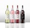 Mock up of four bottles of wine on a transparent background