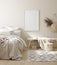 Mock up frame in bedroom interior background, beige room with natural wooden furniture