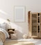 Mock up frame in bedroom interior, beige room with natural wooden furniture, Scandinavian style