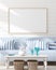 Mock up frame in bedroom interior, marine room with sea decor and furniture, Coastal style