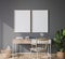 mock up frame in bright farmhouse interior background, white wooden office on dark gray wall