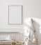 Mock up frame in children room with natural wooden furniture, Farmhouse style interior background