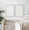 Mock up frame in children room with natural wooden furniture, Farmhouse style interior background