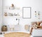 Mock up frame in cozy nursery interior background, Scandinavian style