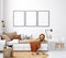 Mock up frame in cozy nursery interior background, Scandinavian style