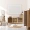 Mock up frame in home interior background, beige room with natural wooden furniture, Scandinavian style