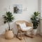 Mock up frame in home interior background white room with natural wooden furniture Scandi-Boho style