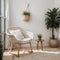 Mock up frame in home interior background white room with natural wooden furniture Scandi-Boho style