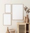 Mock up frame in home interior with rattan furniture, Scandi-boho style