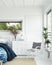 Mock up frame in white cozy tropical bedroom interior, Coastal style