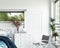 Mock up frame in white cozy tropical bedroom interior, Coastal style