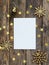 Mock up greeteng card on wood rustic background with Christmas decorations glitter snowflakes, bell and gold stars confetti. Invit