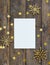 Mock up greeteng card on wood rustic background with Christmas decorations glitter snowflakes and gold stars confetti. Invitation,